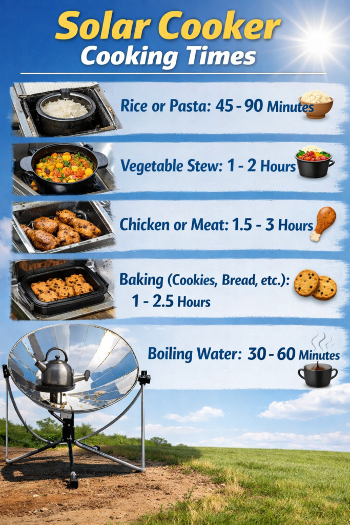 how long does a solar cooker take to cook food under sunlight
