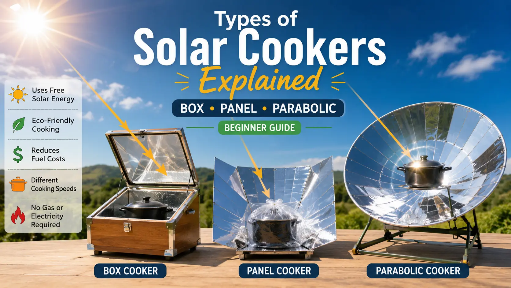 Comparison of box, panel, and parabolic solar cookers in a sunny outdoor setting.