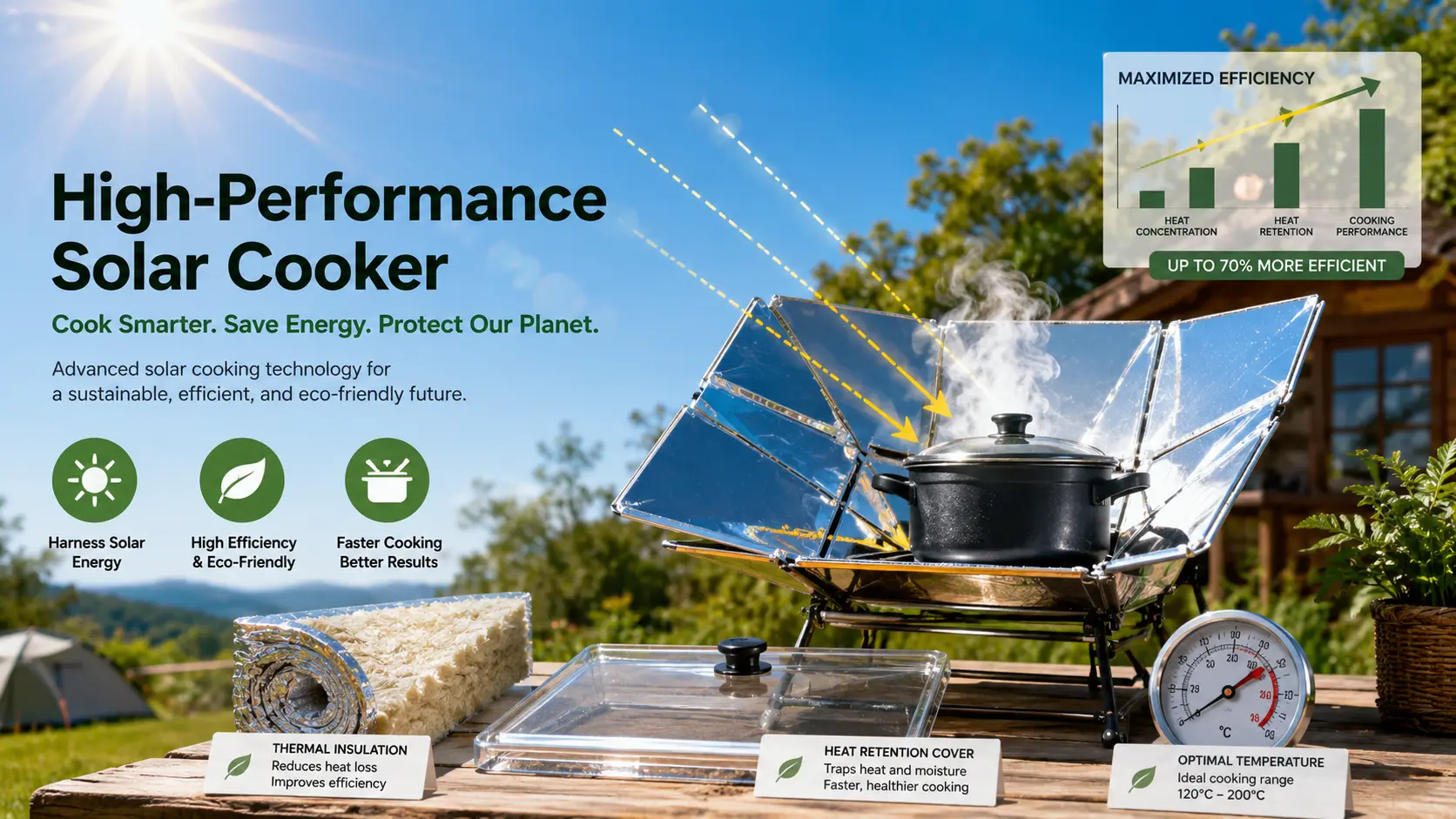 Solar cooker with reflective panels, insulation, and temperature monitoring demonstrating ways to improve solar cooking efficiency.