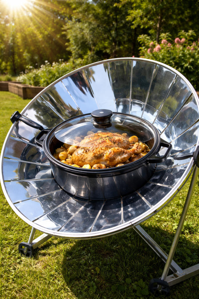 chicken cooking inside a solar cooker under sunlight