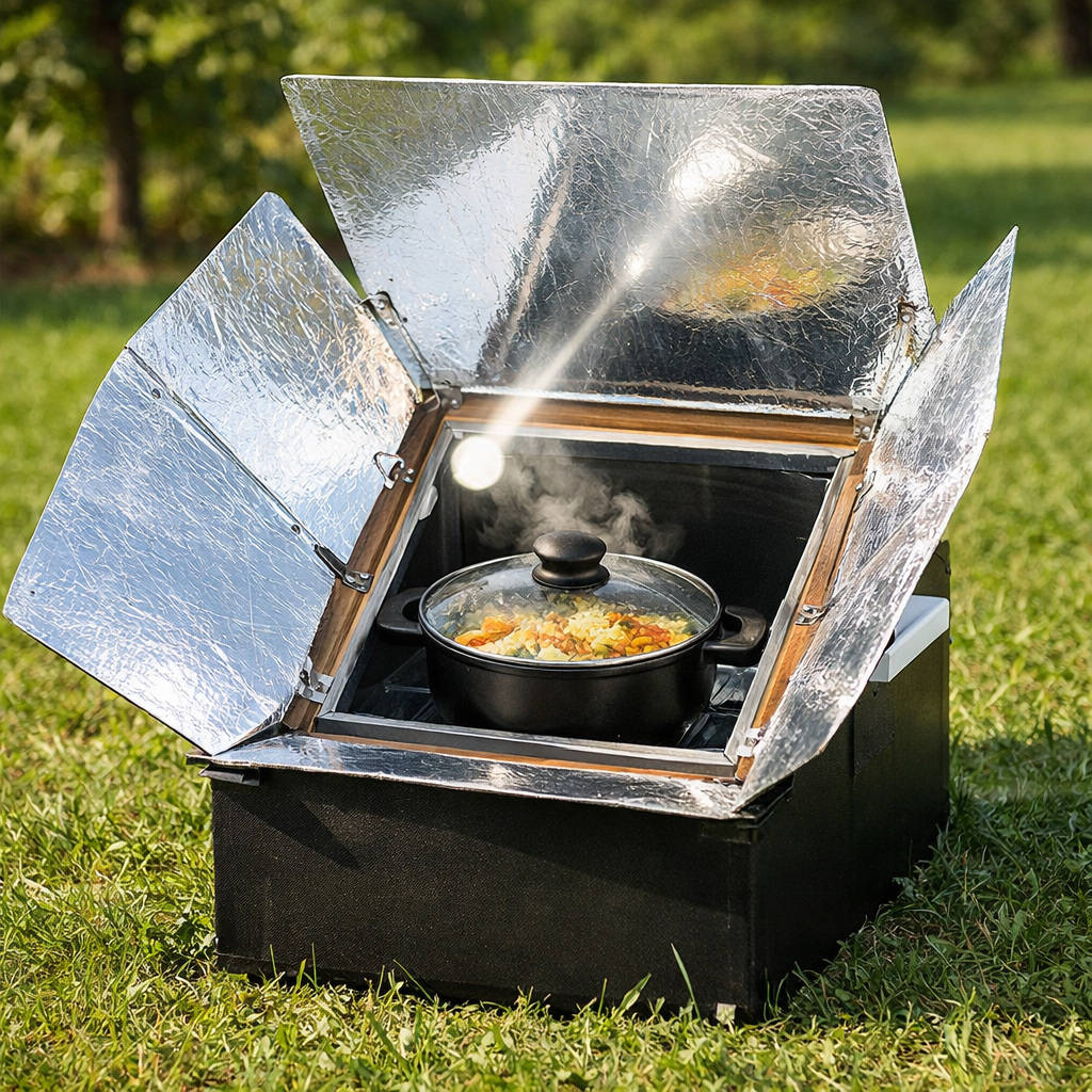 solar cooker using sunlight to cook food outdoors