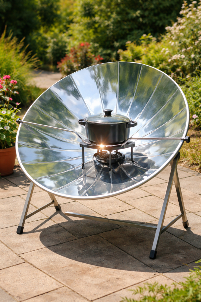 solar cooker set up safely in direct sunlight