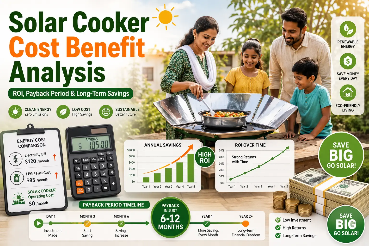 Solar cooker cost benefit analysis showing savings, ROI, payback period, and reduced cooking fuel costs.