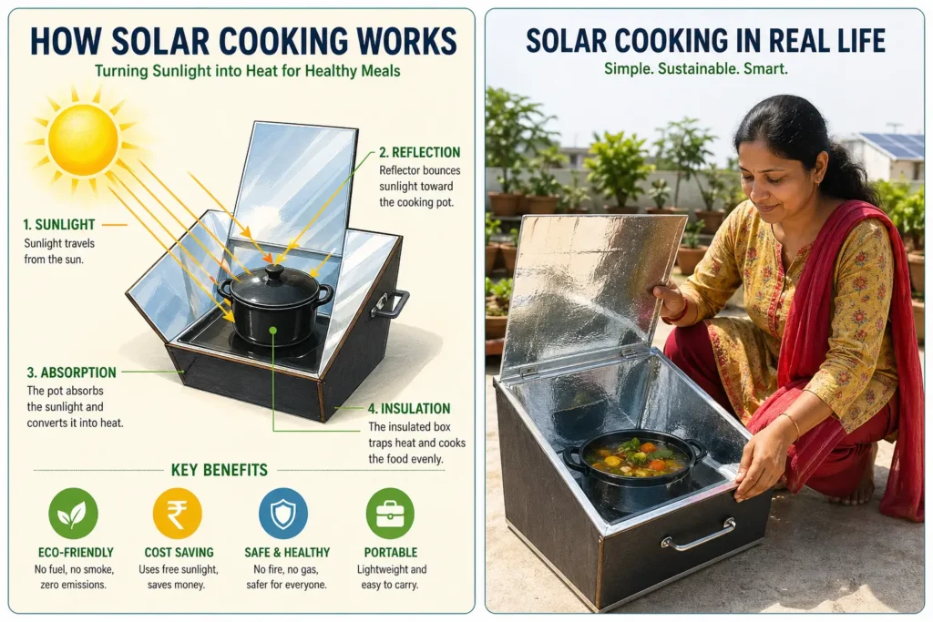Solar cooking guide with diagram explaining sunlight heat process and real-life solar oven cooking example