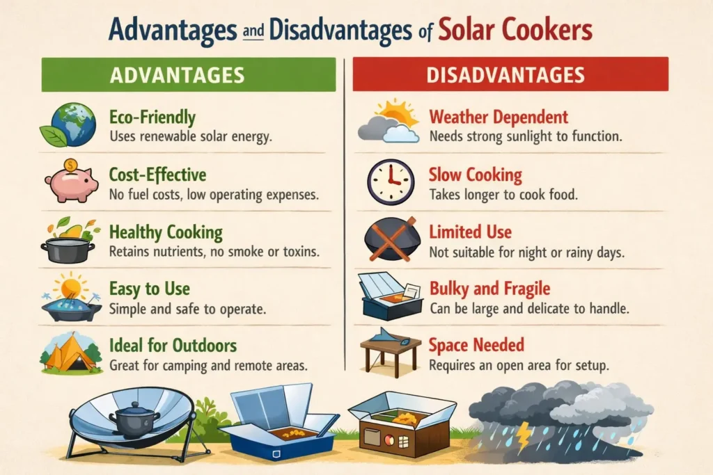advantages and disadvantages of solar cookers infographic