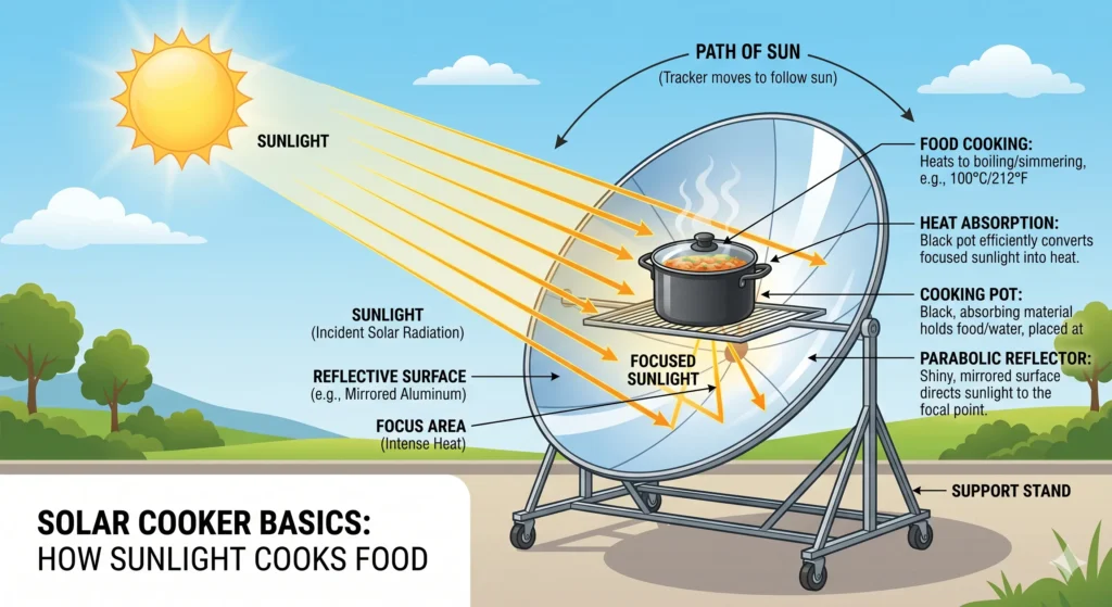solar cooker basics diagram showing how sunlight cooks food