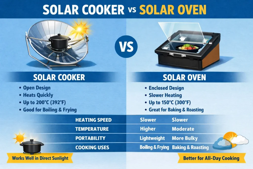 Solar cooker vs solar oven comparison showing design, heat, and performance differences