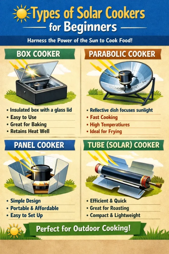 Types of solar cookers including box cooker, panel cooker and tube solar cooker comparison