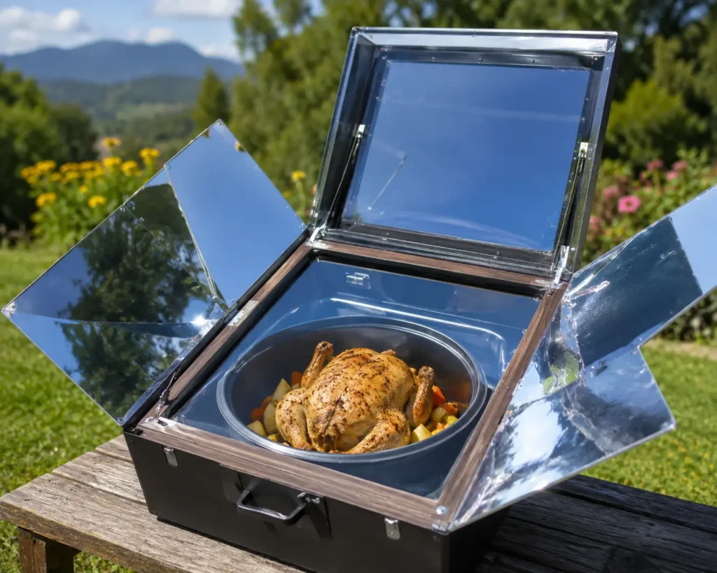 Chicken cooking in a solar cooker outdoors