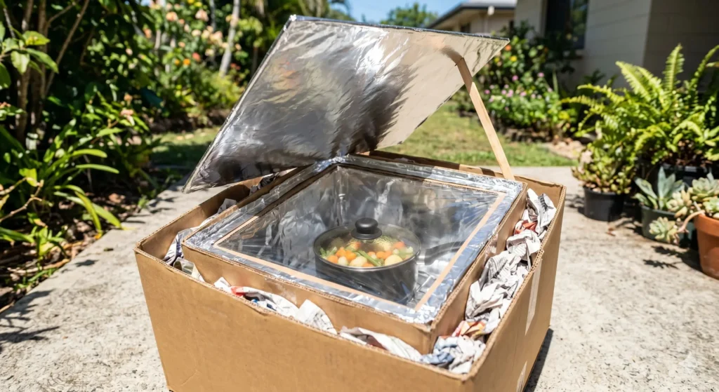 DIY cardboard solar oven outdoors