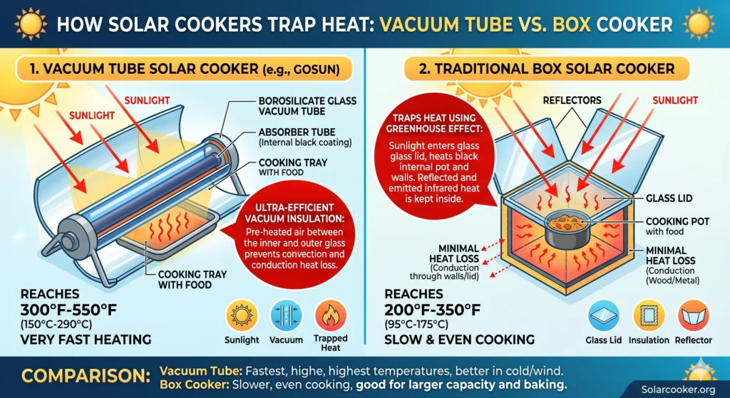 Infographic comparing how a vacuum tube solar cooker like the GoSun traps heat versus a traditional box solar cooker using the greenhouse effect, showing temperature ranges and cooking speeds