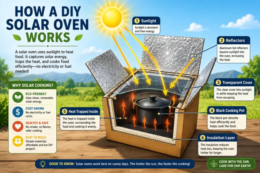 How a DIY solar oven works with reflectors, insulation, and a black cooking pot trapping solar heat