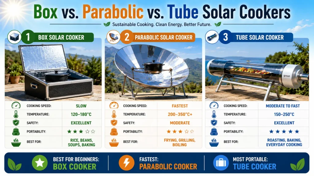 Comparison of box solar cooker, parabolic solar cooker, and tube solar cooker