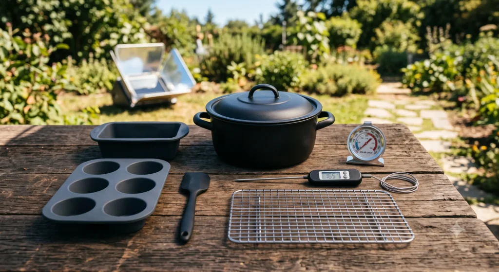 Solar cooking accessories on a wooden table in a sunny garden.