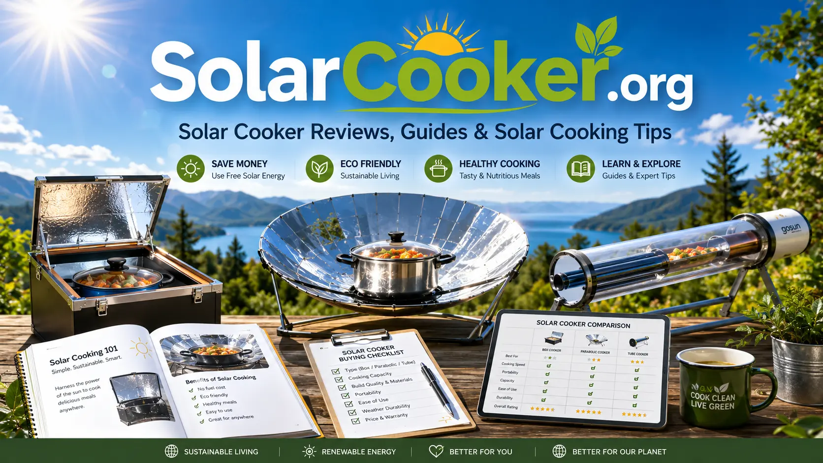 SolarCooker.org homepage featuring solar cookers, reviews, guides, and solar cooking tips.