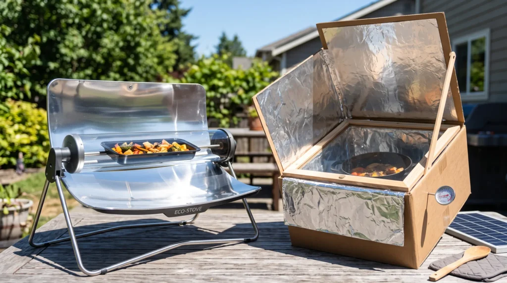 Vacuum tube solar cooker cooking food in direct sunlight on a patio table