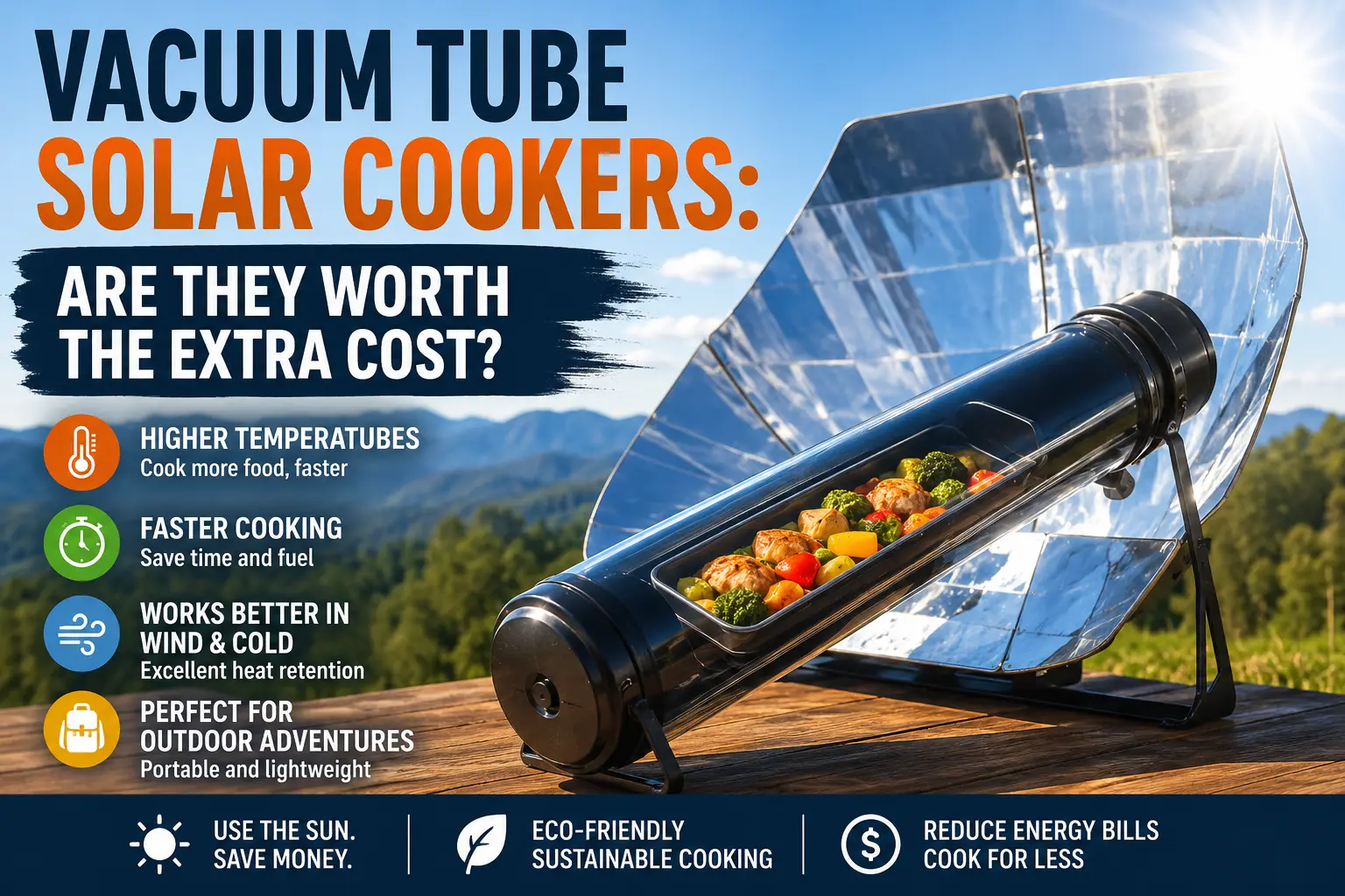 Vacuum tube solar cooker cooking food outdoors in bright sunlight