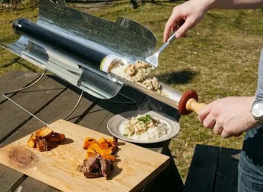Vacuum tube solar cooker field test showing cooked chicken and rice being served from the cooking tray onto a plate.