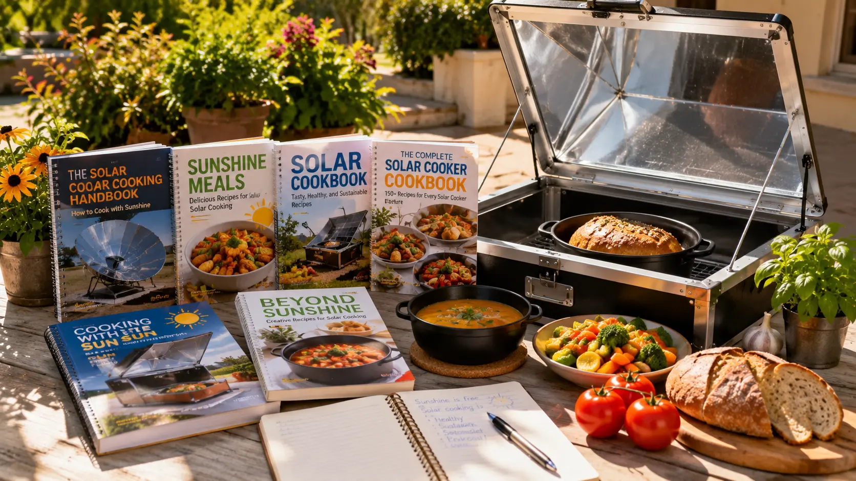 Best solar cookbooks displayed beside a solar cooker outdoors.