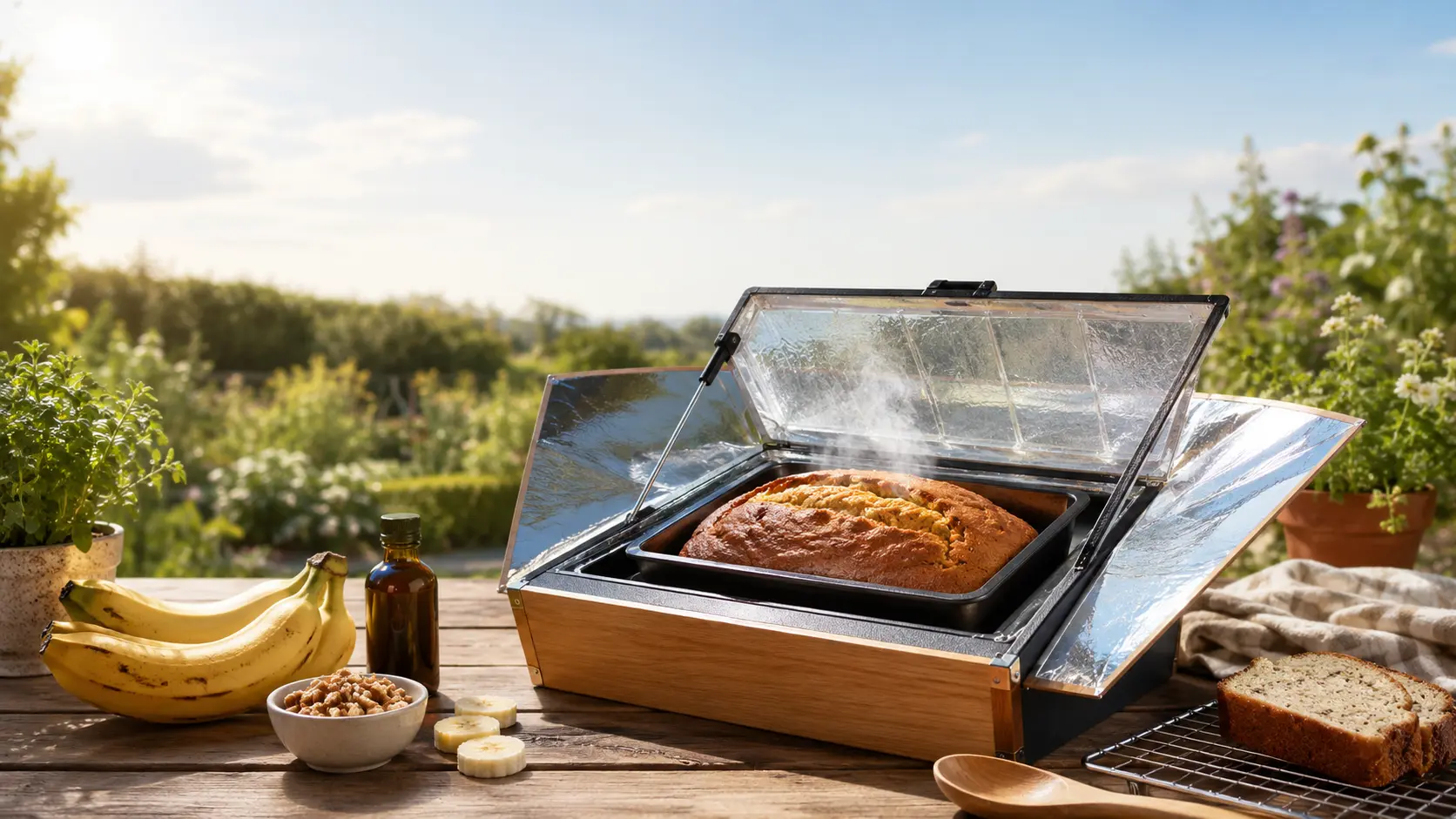 Golden banana bread baking inside a solar box cooker on a sunny day, with ripe bananas and baking ingredients arranged on a wooden table outdoors.
