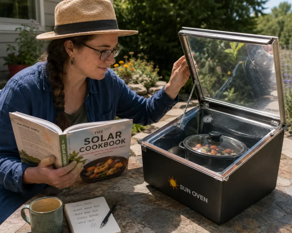 Reading a solar cookbook while using a box solar cooker.