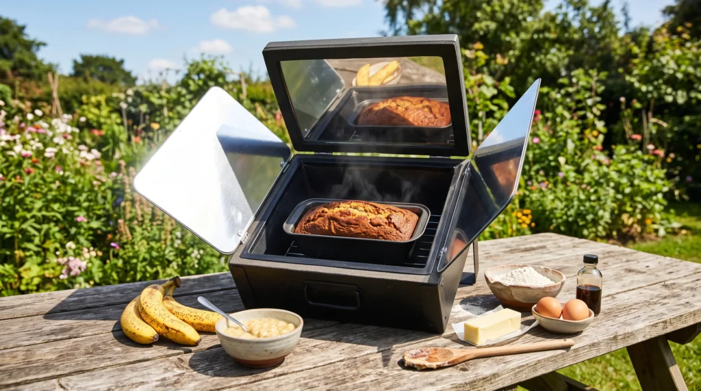Solar cooker baking a homemade banana bread in a dark loaf pan