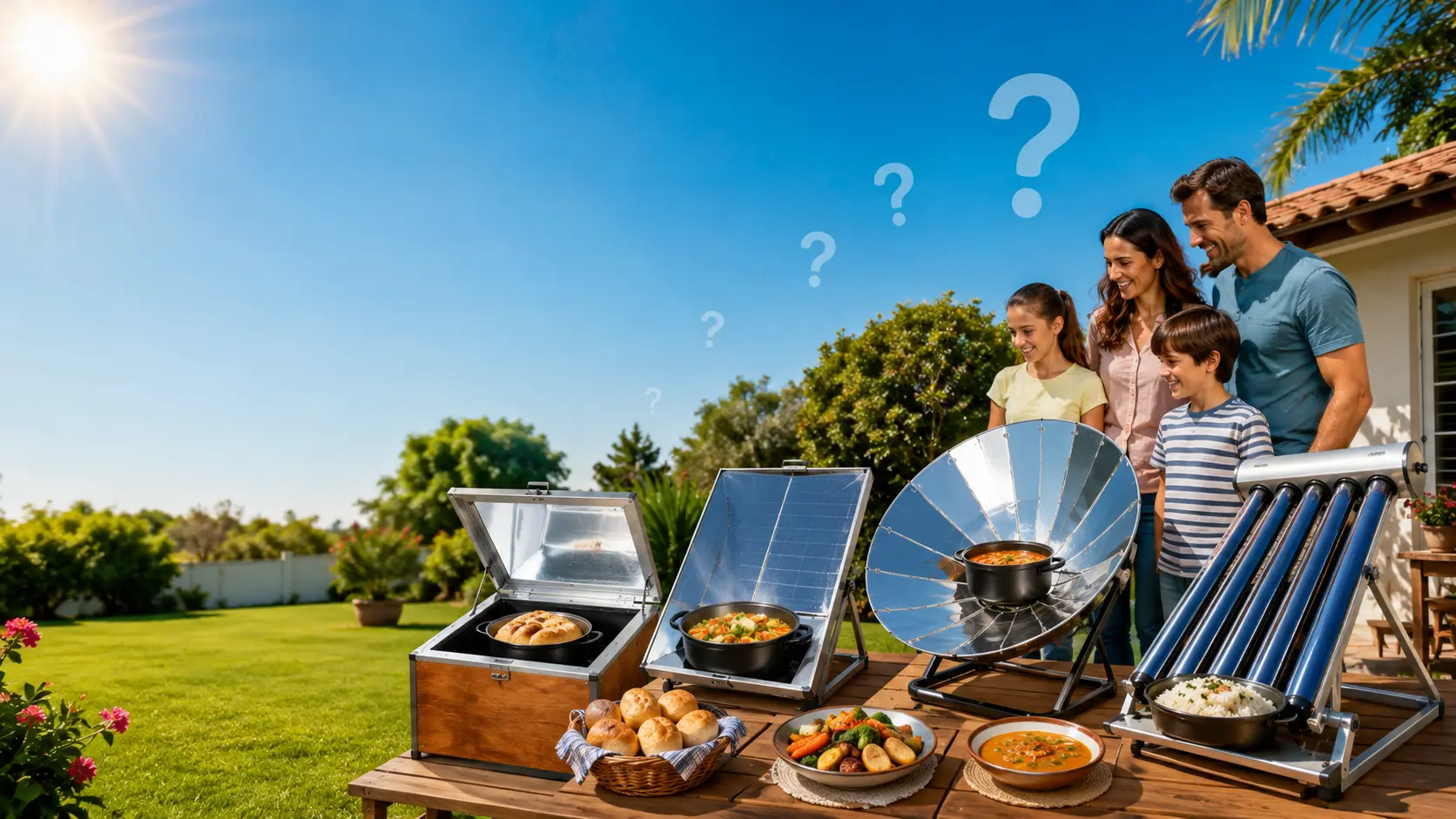 Solar cooker FAQ featuring box, panel, parabolic, and vacuum tube solar cookers cooking food outdoors