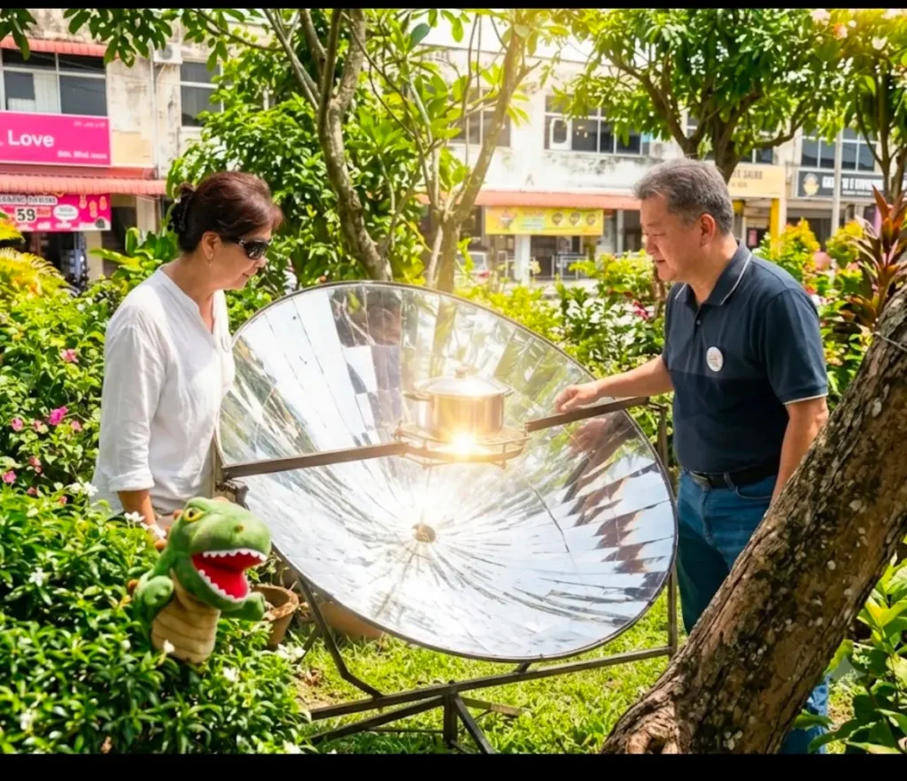 Solarcooker.org author and his wife testing a parabolic solar oven outdoors